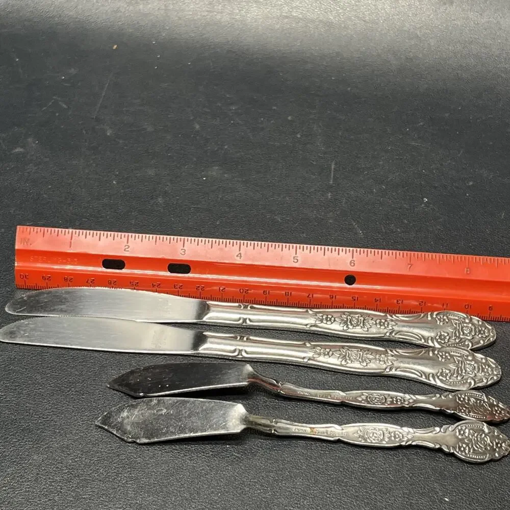Vtg National Stainless Dinner Knives & Butter KnivesRose Flower Made In Japan. N